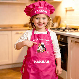 Personalized Animal Theme Adjustable Kid Apron Chef Hat Set with Pocket Name and Title Baking Back to School Birthday Gift for Boys Girls