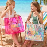 Sac fourre-tout transparent holographique personnalisé, style peinture à l'huile, avec prénom : cadeau idéal pour une fête à la plage, un voyage, les vacances ou un anniversaire, à offrir à des amis