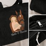 Personalised Rider and Horse Photo Large Capacity Corduroy Tote Bag with Names Daily Use Travel Birthday Gift for Horse Lovers Friends