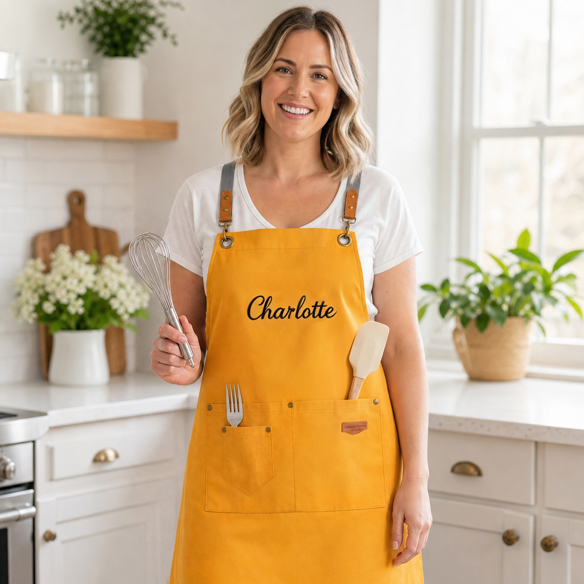 Individuell gestaltete, schlichte, bestickte Canvas-Schürze mit verstellbarem Bund und Tasche – ein Geburtstagsgeschenk zum Backen für Bäcker und Kochbegeisterte