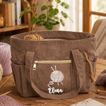 Personalised Crocheted Theme Design Large Corduroy Tote Bag with Name Daily Use Birthday Gift for Crochet Enthusiast Woman