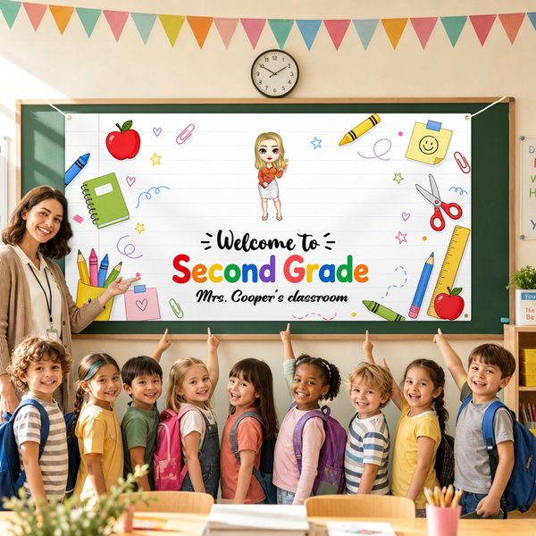 Personalised Cartoon Character Pencil Apple Banner with Grade and Text Classroom Decor Back to School Teacher's Day Gift for Teachers