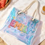 Sac fourre-tout transparent holographique personnalisé, style peinture à l'huile, avec prénom : cadeau idéal pour une fête à la plage, un voyage, les vacances ou un anniversaire, à offrir à des amis