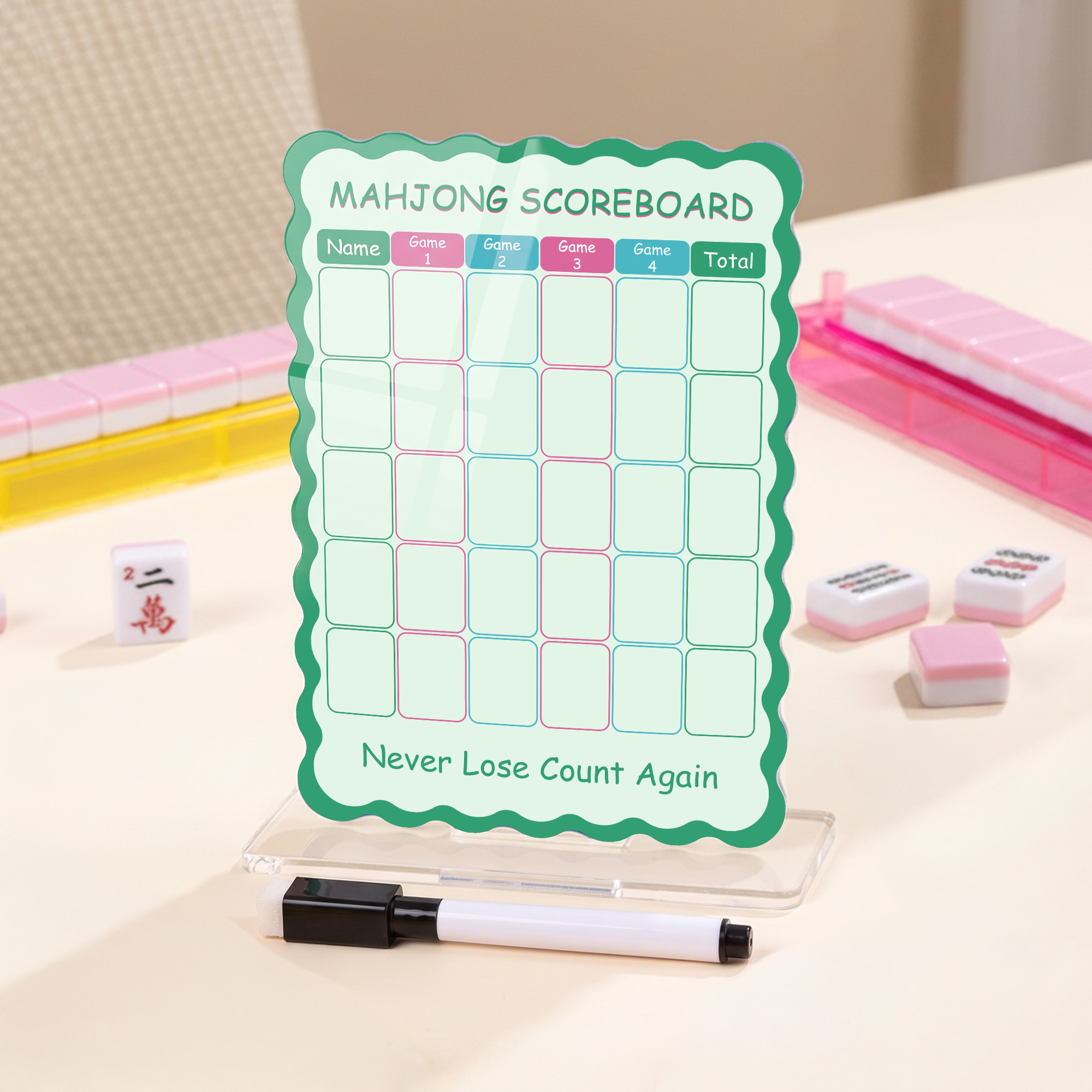 Personalisierte, beidseitig beschreibbare und wieder abwischbare Mahjong-Punktetafel mit Ständer und Markern – Mahjong-Club-Geburtstagsgeschenk für Mahjong-Fans