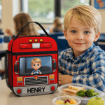 Personalized 3D-Effect Artwork Photo Vehicle Design Insulated Kids Lunch Bag with Name Back to School Birthday Gift for Kids Boys Girls