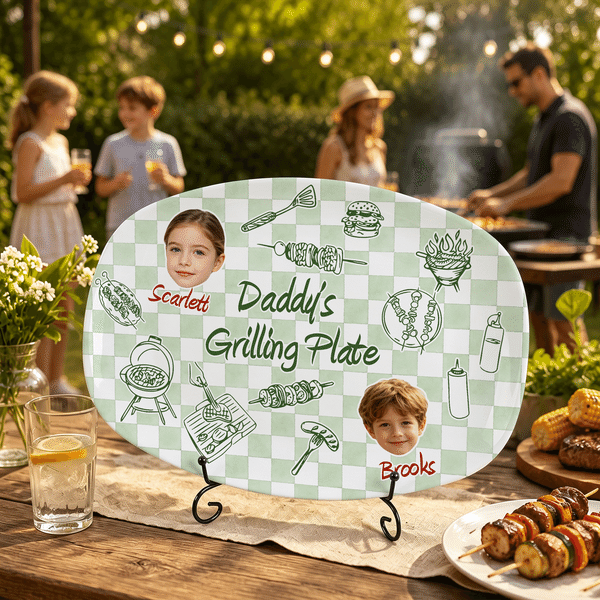 Personalised Barbecue Elements 1-6 Face Photos Oval Plate Ornament with Name and Stand Home Decor Housewarming BBQ Party Gift for Family
