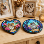 Pierre de jardin personnalisée en forme de cœur avec photo de votre animal de compagnie, motif floral de style vitrail et inscription – Décoration de jardin, cadeau commémoratif pour les propriétaires
