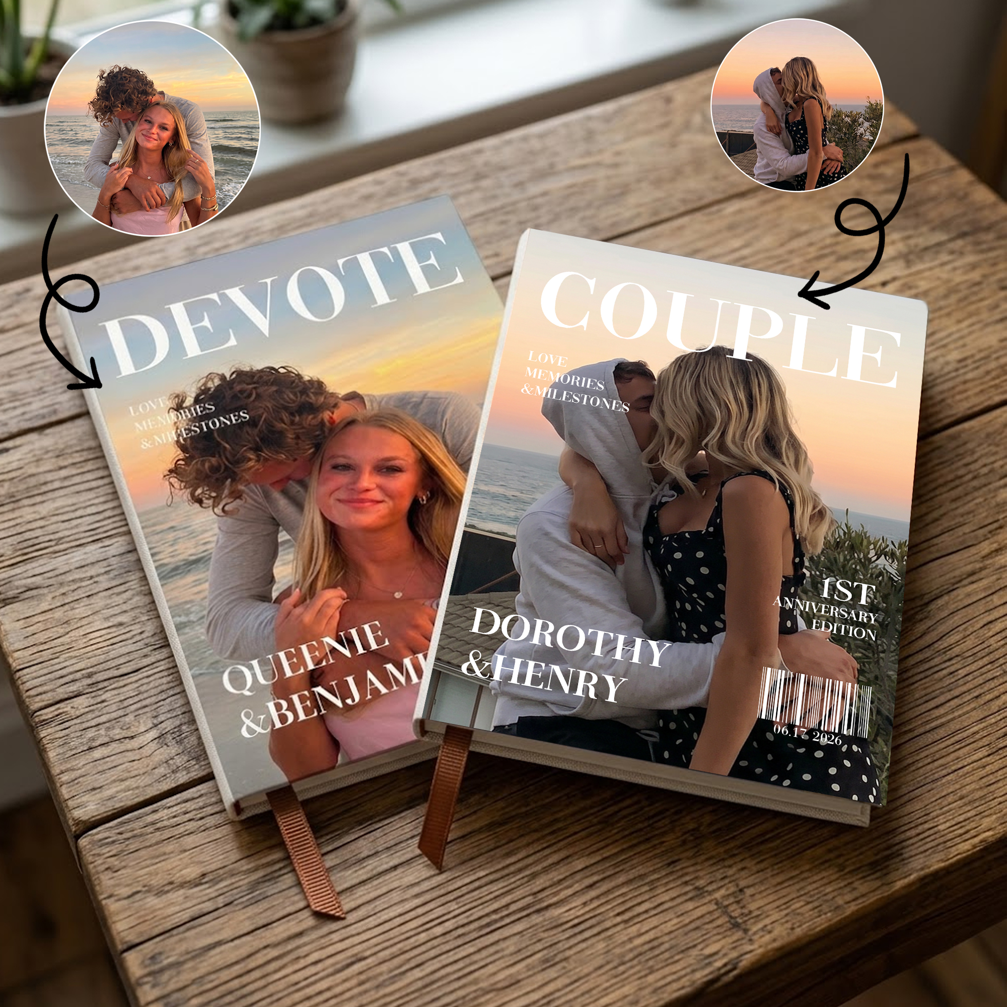 Personalisiertes Notizbuch im A5-Format aus PU-Leder im Magazin-Stil mit Paarfoto, Namen, Titel und Datum – ein Geschenk zum Hochzeitstag für Verliebte und frisch Verheiratete