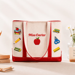 Personalized Apple Notebook Pencil Large Canvas Tote Bag with Printing or Embroidery Name Christmas Teacher's Day Gift for Teacher Educator