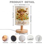 Personalized Retro Style Cartoon Highland Cow Sunflower Linen Table Lamp with Name Home Decor Birthday Daily Use Gift for Family Kids