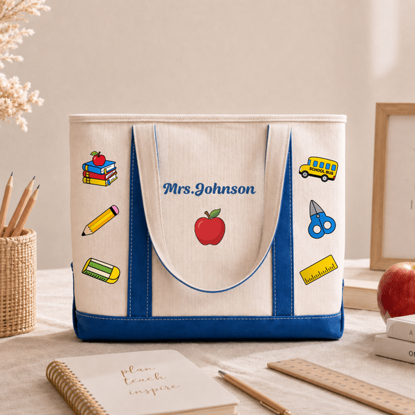 Personalized Apple Notebook Pencil Large Canvas Tote Bag with Printing or Embroidery Name Christmas Teacher's Day Gift for Teacher Educator