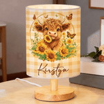 Personalized Retro Style Cartoon Highland Cow Sunflower Linen Table Lamp with Name Home Decor Birthday Daily Use Gift for Family Kids