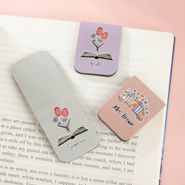 Personalized Multicolour Book Flower Magnetic PU Leather Bookmark Clip with Name Daily Use Teacher's Day Christmas Birthday Gift for Book Lover