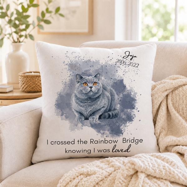Personalized Watercolour Pet Portrait Soft Throw Pillow Cover with Name and Year Memorial Sympathy Loss of Pet Gift for Pet Owners