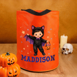 Personlig Halloween-pose med tegneseriefigurer og stjerneformet godteri – lett «Trick or Treat»-pose med navn – Halloween-festgave til barn