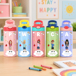 Personalised Cute Cartoon Character 12 oz Insulated Water Bottle with Straw and Spill-Proof Lid Back to School Gift for Boys Girls