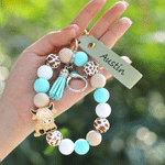 Personalized Retro Style Cartoon Highland Cow Silicone Bead Keychain with Name Wristlet Accessory Birthday Gift for Western Cowgirl