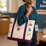 Personalized Apple Notebook Pencil Large Canvas Tote Bag with Printing or Embroidery Name Christmas Teacher's Day Gift for Teacher Educator