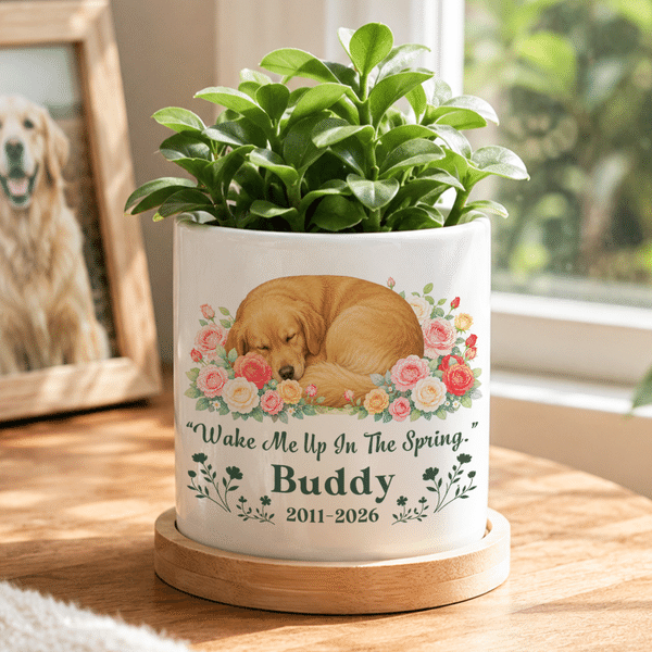 Personalised Pet Photo Flower Ceramic Plant Pot with Name Year and Bamboo Base Home Decor Memorial Gift for Pet Owner