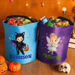 Personlig Halloween-pose med tegneseriefigurer og stjerneformet godteri – lett «Trick or Treat»-pose med navn – Halloween-festgave til barn