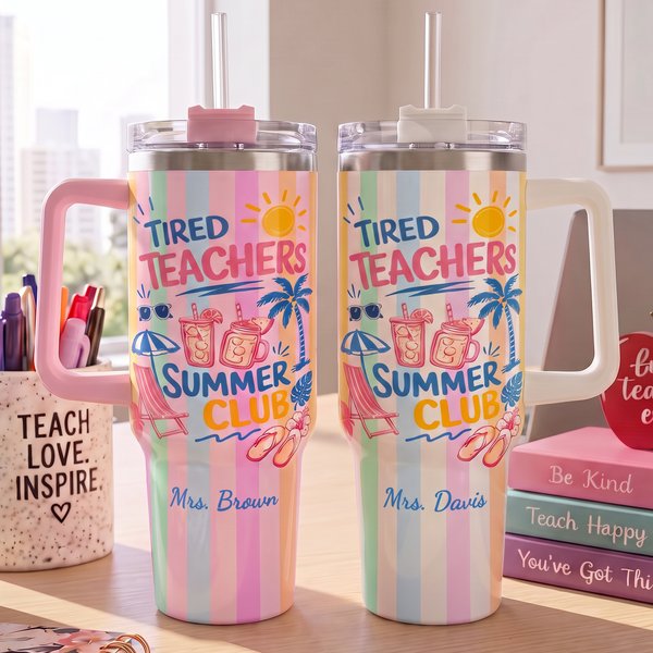 Personalized Tired Teachers Summer Club Beach Scene Colorful 40 oz Tumbler with Text Daily Use Teacher's Day Birthday Gift for Teachers