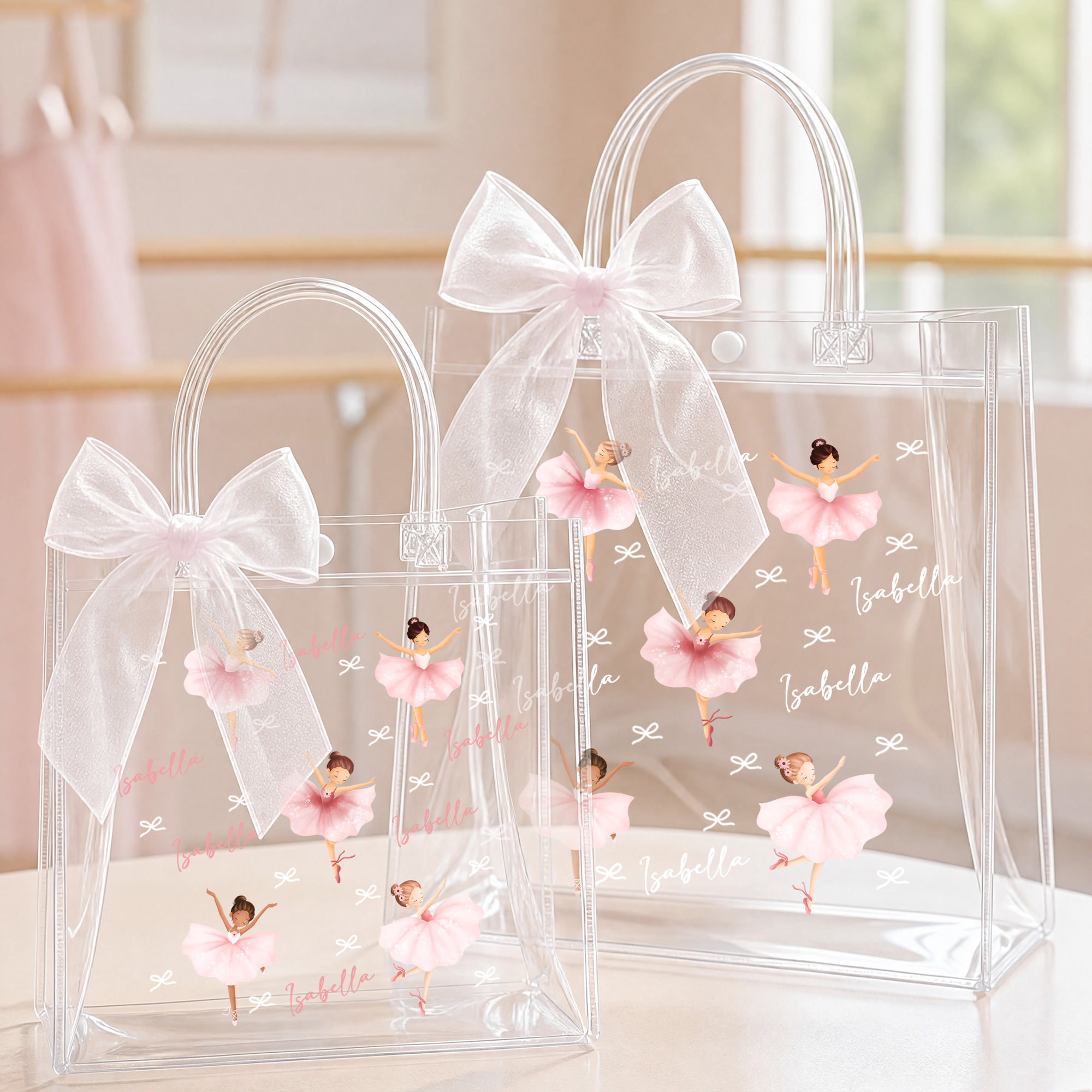Personalisierte, wiederverwendbare, transparente Geschenktüte mit Ballerina-Motiv, Schleife und Namenszug – ein Geburtstagsgeschenk für den täglichen Gebrauch für kleine Ballett-Fans