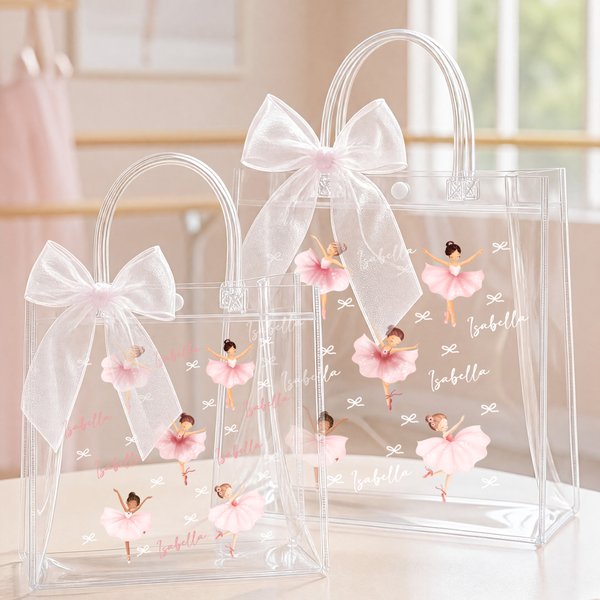 Personalized Ballerina Girl Bow Reusable Transparent Gift Bag with Name and Ribbon Daily Use Birthday Gift for Girl Ballet Lover