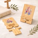 Personalized Floral Praying Hands Rectangle Wavy Bamboo Phone Holder with Bible Quote and Name Desk Decor Birthday Gift for Women Christians