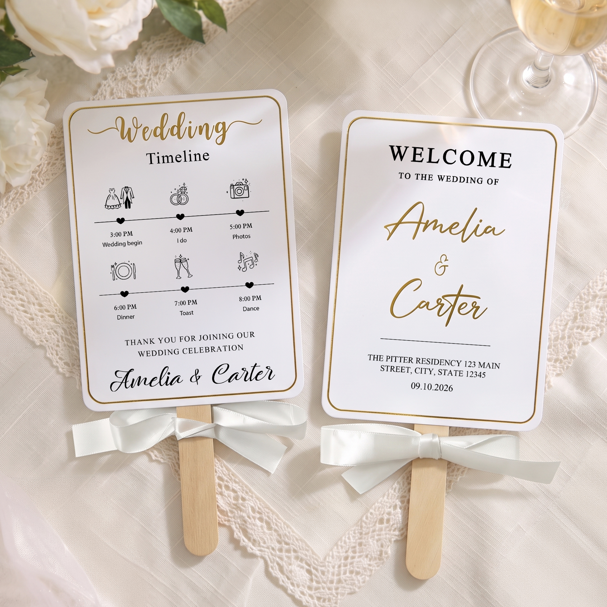 Personalisierter romantischer Handfächer mit Zeitleiste zur Hochzeit, mit Namen und Schleife – Gastgeschenke für Brautjungfern und die Braut