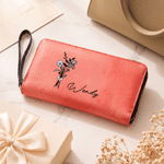 Personalised Multicolour Birth Flower Bouquet PU Leather Wallet with Name Daily Use Anniversary Birthday Gift for Woman