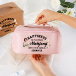 Personalized Mahjong Theme Photo to Cartoon Design PU Leather Makeup Bag with Name Mahjong Club Birthday Gift for Woman Mahjong Lover