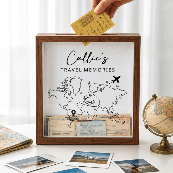 Personalised World Map Travel Minimalist Memory Box with Name and Text Home Decor Anniversary Birthday Gift for Travellers Men Women