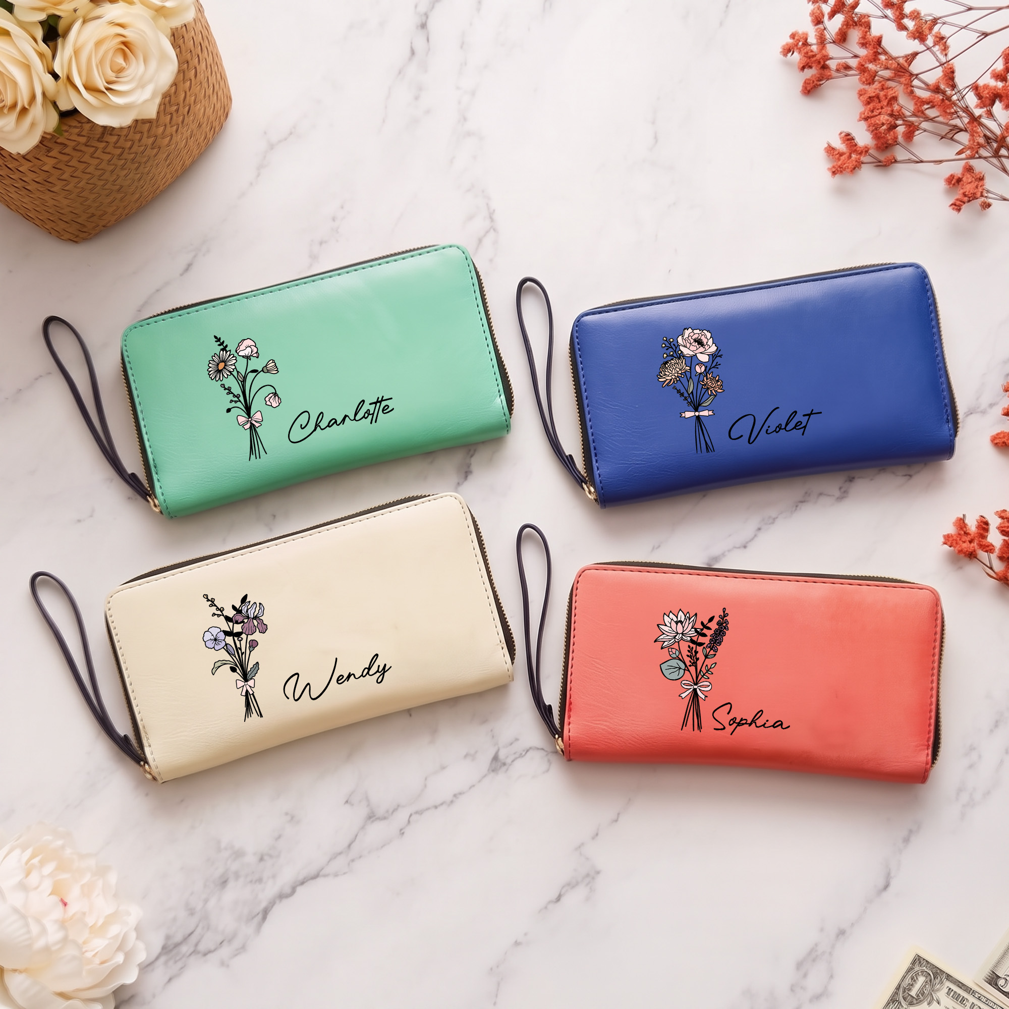 Personalisierte, mehrfarbige Geldbörse aus PU-Leder mit Geburtsblumenstrauß-Motiv und Namensgravur – Alltagsbegleiter, Geschenk zum Jahrestag oder Geburtstag für Frauen