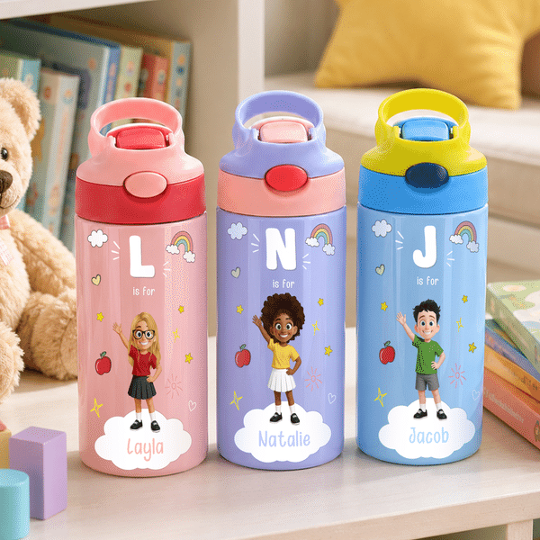 Personalised Cute Cartoon Character 12 oz Insulated Water Bottle with Straw and Spill-Proof Lid Back to School Gift for Boys Girls