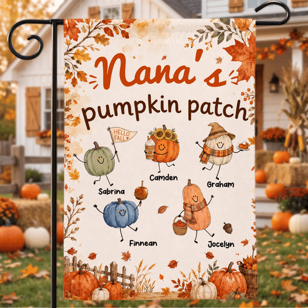 Personalised Cute Pumpkin Patch Fall Garden Flag with 1-10 Names and Nickname Yard Decor Birthday Gift for Gardeners Mums Grandparents