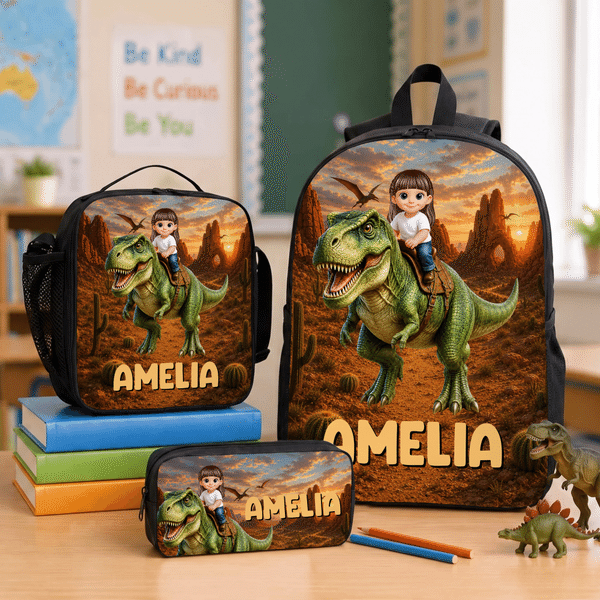 Personalized Unicorn Dinosaur Cartoon Character Backpack Lunch Bag Pencil Case Set with Name Back to School Birthday Gift for Boys Girls