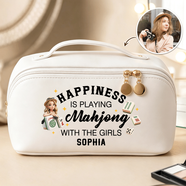 Personalized Mahjong Theme Photo to Cartoon Design PU Leather Makeup Bag with Name Mahjong Club Birthday Gift for Woman Mahjong Lover