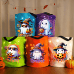 Personlig heksehatt-gresskar-tegneserie-spøkelse-LED-lys «Trick or Treat»-pose med navn – Halloween-gaver til klasseromsfest for barn og tenåringer