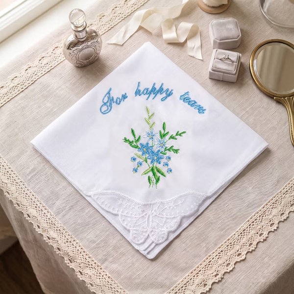 Personalised Embroidered Flower 100% Cotton Wedding Butterfly Handkerchief with Text Bridal Shower Wedding Gift for Bride