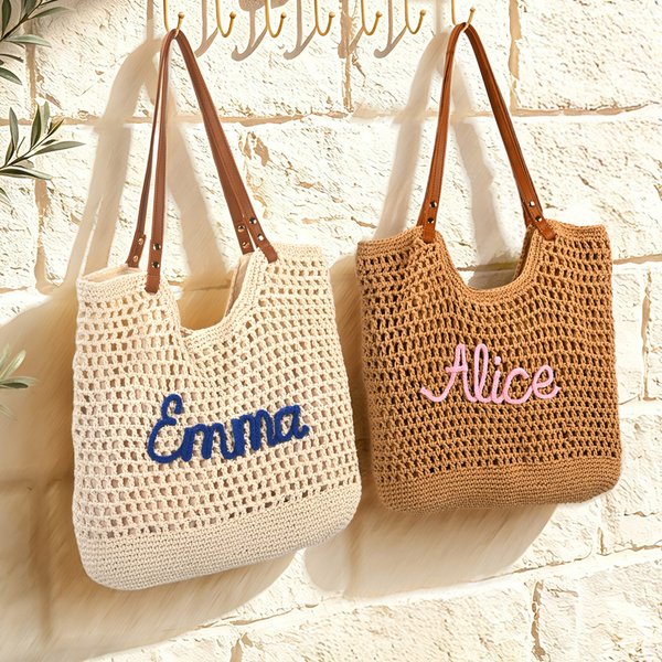 Borsa tote grande personalizzata in stile bohémien, lavorata all’uncinetto, con nome: accessorio per l’uso quotidiano, l’estate, la spiaggia e i viaggi; regalo di compleanno per donna, ragazza o fidan