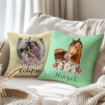 Personalized Horse Portrait Photo Horseshoe Flower Throw Pillow Cover with Name Home Decor Birthday Gift for Women Friends Horse Owners