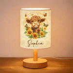 Personalized Retro Style Cartoon Highland Cow Sunflower Linen Table Lamp with Name Home Decor Birthday Daily Use Gift for Family Kids