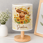 Personalized Retro Style Cartoon Highland Cow Sunflower Linen Table Lamp with Name Home Decor Birthday Daily Use Gift for Family Kids