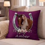 Personalized Horse Portrait Photo Horseshoe Flower Throw Pillow Cover with Name Home Decor Birthday Gift for Women Friends Horse Owners