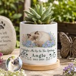 Personalised Pet Photo Flower Ceramic Plant Pot with Name Year and Bamboo Base Home Decor Memorial Gift for Pet Owner