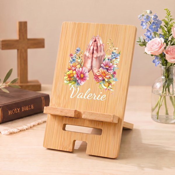 Personalized Floral Praying Hands Rectangle Wavy Bamboo Phone Holder with Bible Quote and Name Desk Decor Birthday Gift for Women Christians