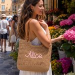 Personalised Bohemian Crochet Knitted Large Tote Bag with Name Daily Use Summer Beach Travel Accessory Birthday Gift for Woman Girl Girlfriend