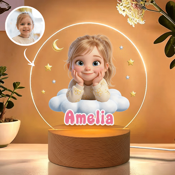 Personalised Cute Cartoon Photo Acrylic LED Night Light with Name and Wooden Base Bedroom Bedside Decor Birthday Gift for Kids New Parents