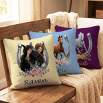 Personalized Horse Portrait Photo Horseshoe Flower Throw Pillow Cover with Name Home Decor Birthday Gift for Women Friends Horse Owners