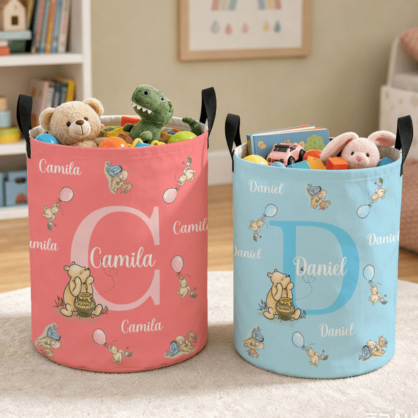 Personalized Classic Winnie the Pooh Waterproof Large Capacity Storage Basket with Name and Initial Baby Shower Birthday Gift for Kid Family